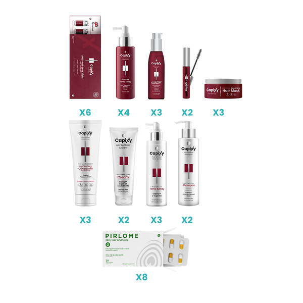 "4 Intense+6 Vials+2 Shampoo+3 conditioner+3 mask+2 lash +3 Serum+2 Cream+3 Tonic+8 pirlome"