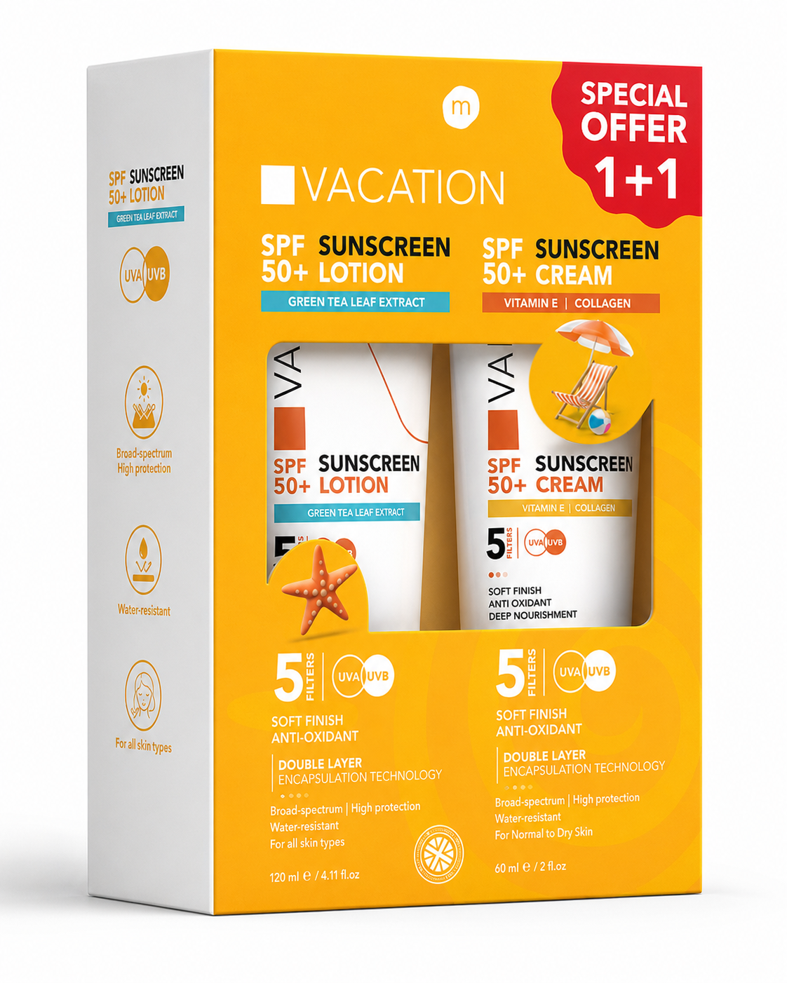 1 Vacation Sunscreen Lotion 120ml + 1 Vacation Sunscreen Cream 60ml